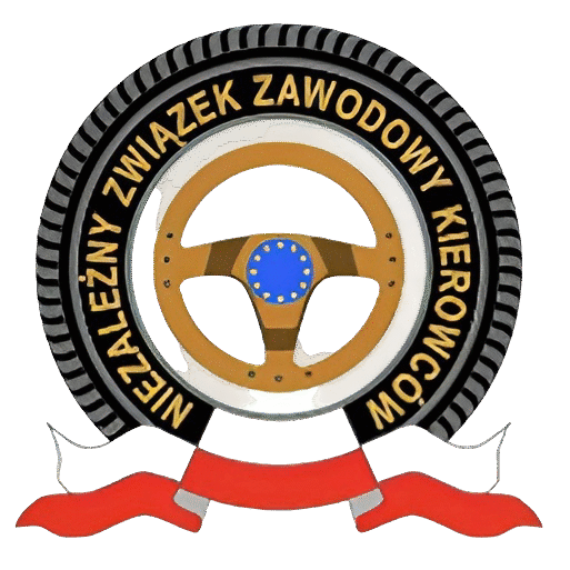Logo Niezależnego Związku Zawodowego Kierowców z kierownicą i biało-czerwoną wstęgą