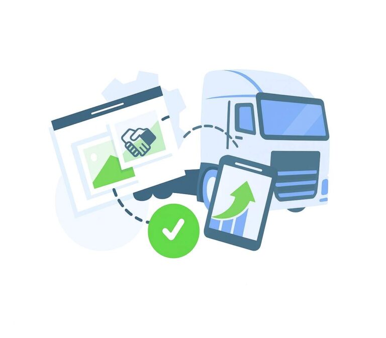 Ilustracja kabiny ciężarówki w odcieniach błękitu symbolizująca współpracę i rozwój kierowców NZZK przy DFDS