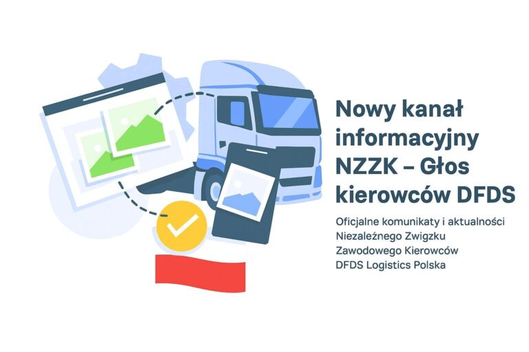 Realistyczno-wektorowa infografika przedstawiająca kabinę ciężarówki pod kątem, z napisem „Nowy kanał informacyjny NZZK – Głos kierowców DFDS”, w kolorystyce błękitno-szarej na białym tle.