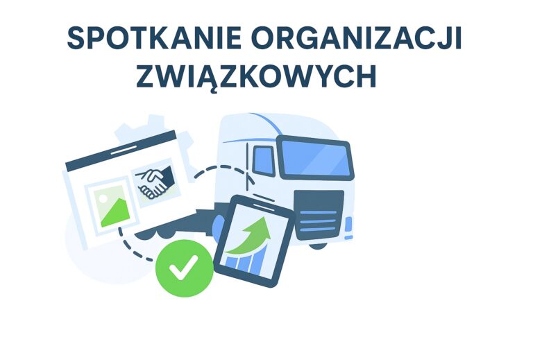 Loga NZZK i Transport Razem na białym tle z napisem „Spotkanie organizacji związkowych”