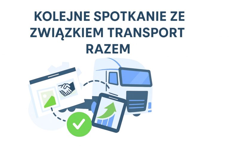 Grafika z ciężarówką i symbolami współpracy oraz dokumentem, przedstawiająca wspólne postulaty związków zawodowych NZZK i Transport Razem