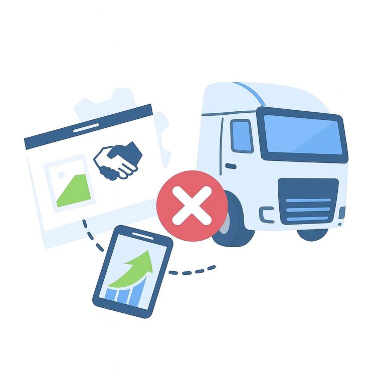 Ilustracja wektorowa przedstawiająca ciężarówkę oraz ikonę błędu „X”, symbolizującą niekorzystne zmiany dla kierowców.