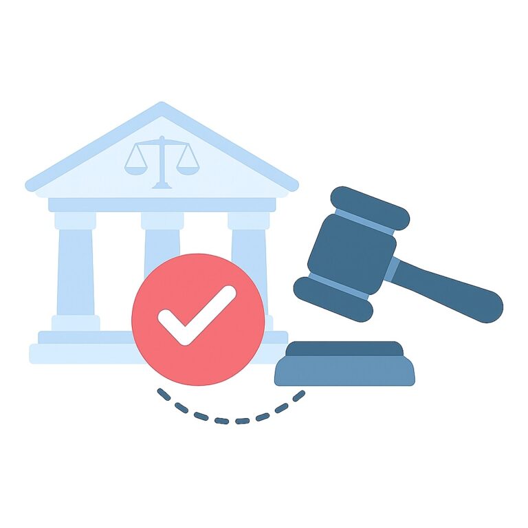 Grafika przedstawiająca ikonę sądu z wagą Temidy i młotkiem sędziowskim w nowoczesnym niebiesko-szarym stylu, symbolizująca postanowienie sądu.