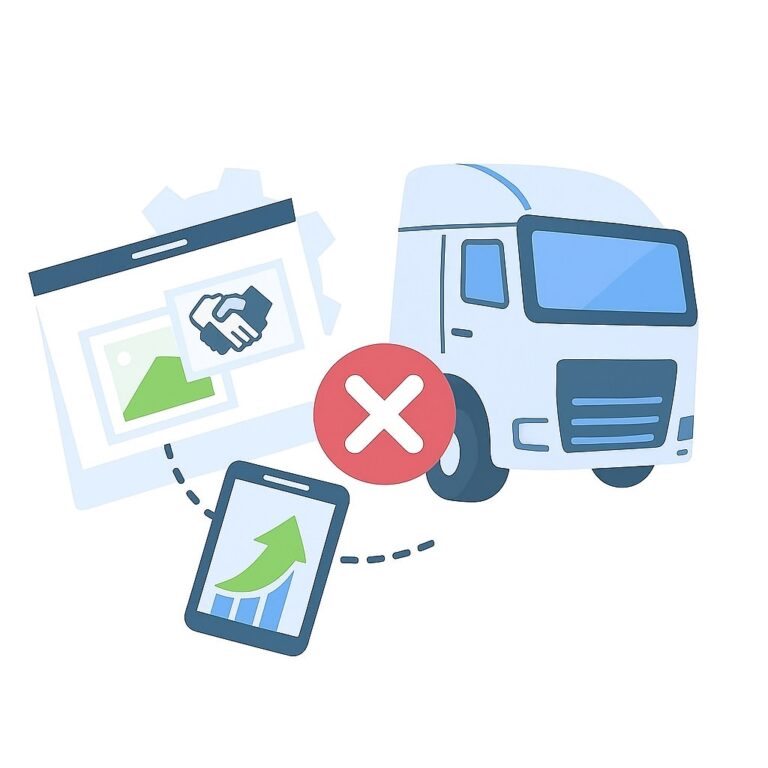 Grafika przedstawiająca ciężarówkę i dwa dokumenty rozdzielone czerwonym symbolem X, oznaczającym osobne działania związków zawodowych.